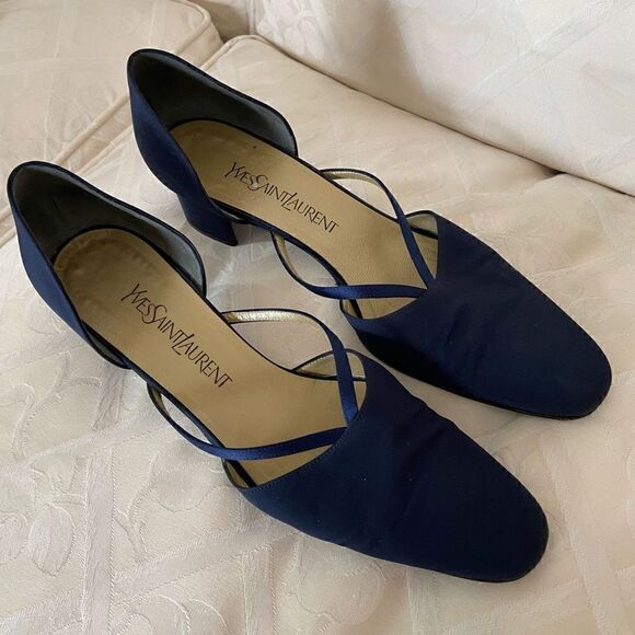 YSL Yves Saint Laurent 90s Blue Satin Block Heels - Picture 15 of 16